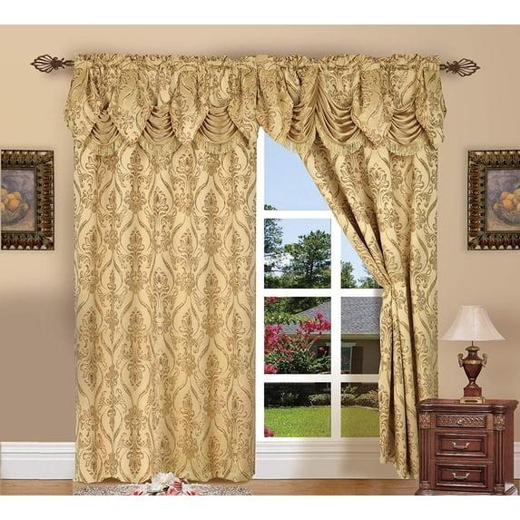 Curtain Panel Set with Attached Waterfall Valance, Jacquard Fabric, (SET of 2), 54 x 84 Inches, Gold