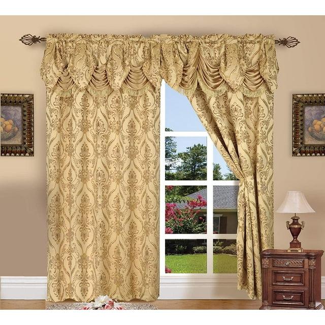 Curtain Panel Set with Attached Waterfall Valance, Jacquard Fabric, (SET of 2), 54 x 84 Inches, Gold