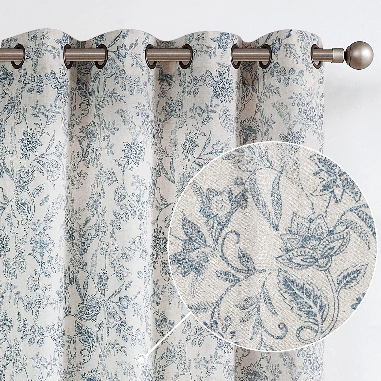 84-Inch Gray and Blue Linen Floral Grommet Curtains, 2 Panels