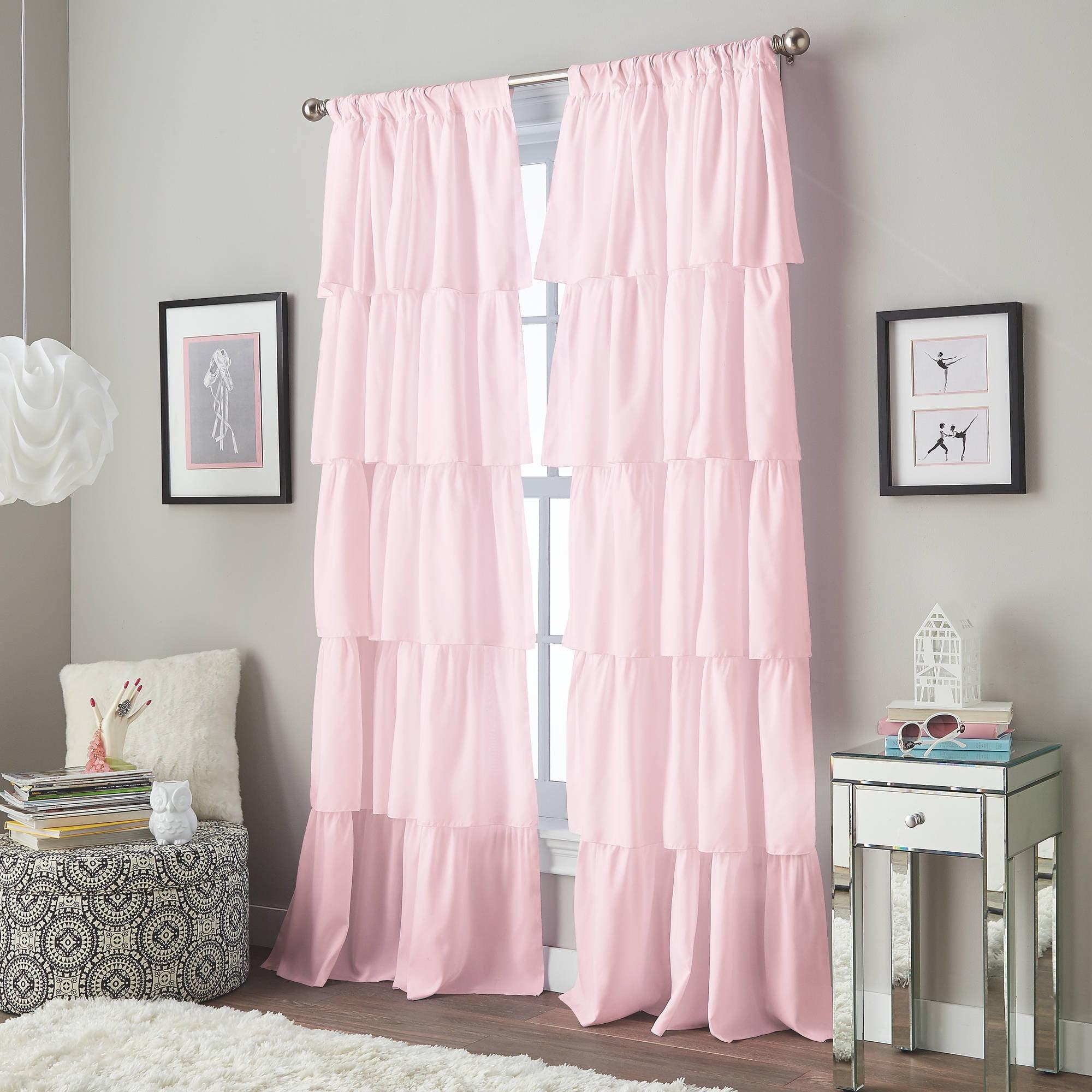 Pink Ruffled Rod Pocket Light-Filtering Kids Curtain Panel