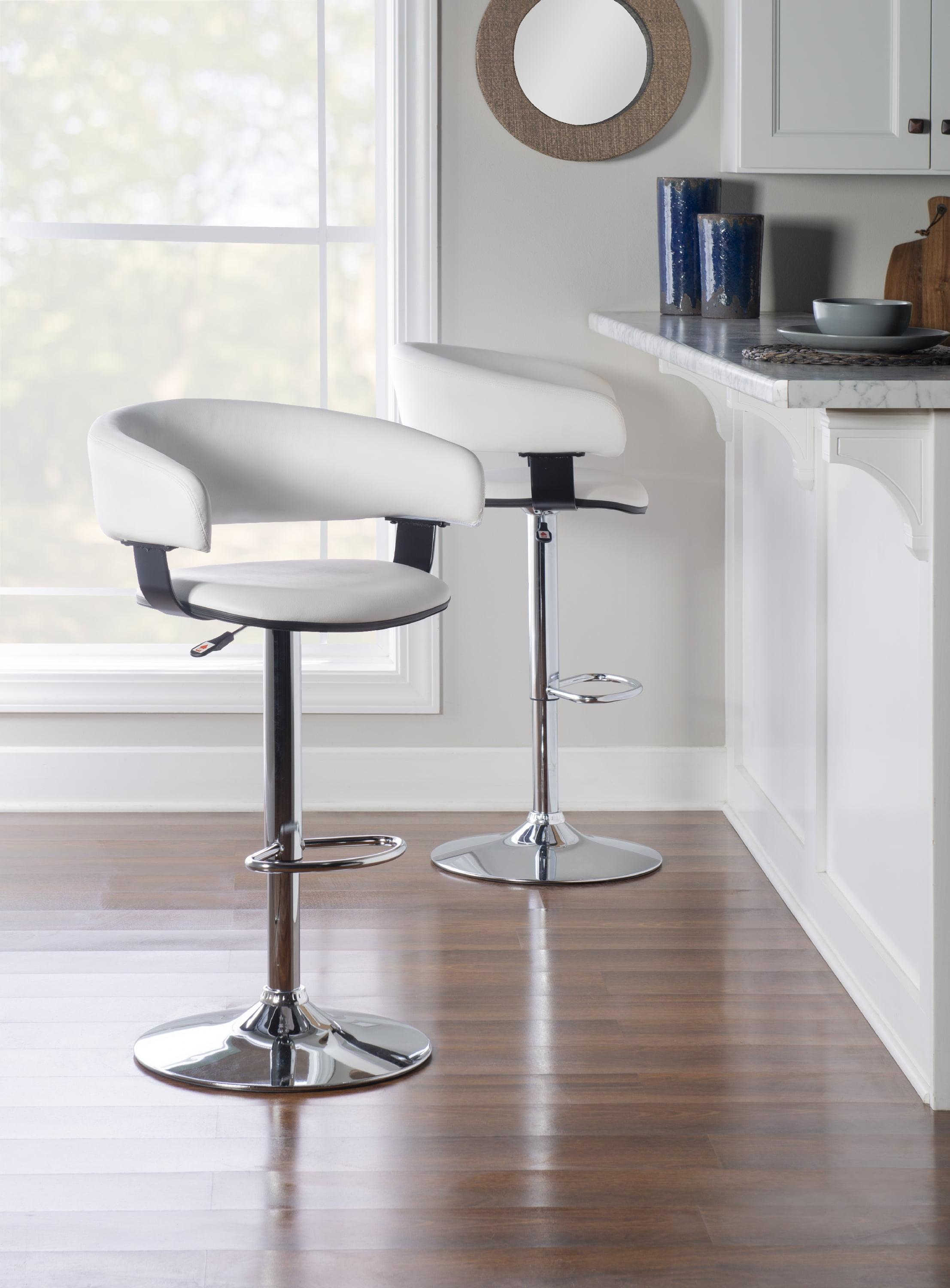 Curved Chrome and White Faux Leather Adjustable Swivel Bar Stool