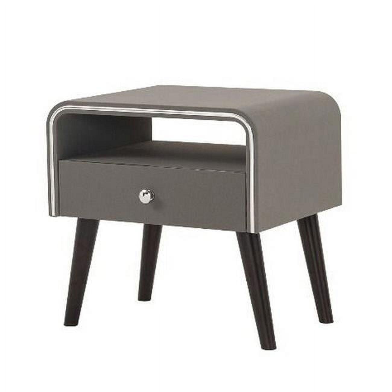 Curved Edge 1 Drawer Nightstand with Chrome Trim, Gray & Brown