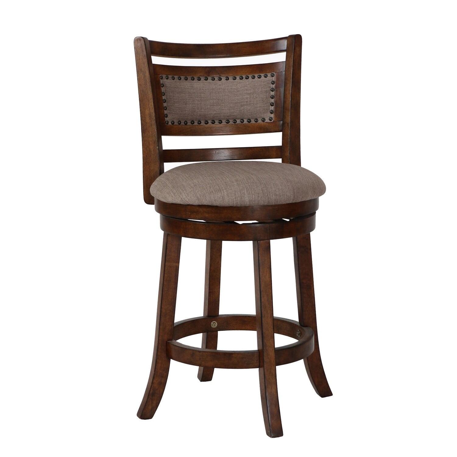 Curved Swivel Solid Wood Counter Stool with Beige Fabric Cushion