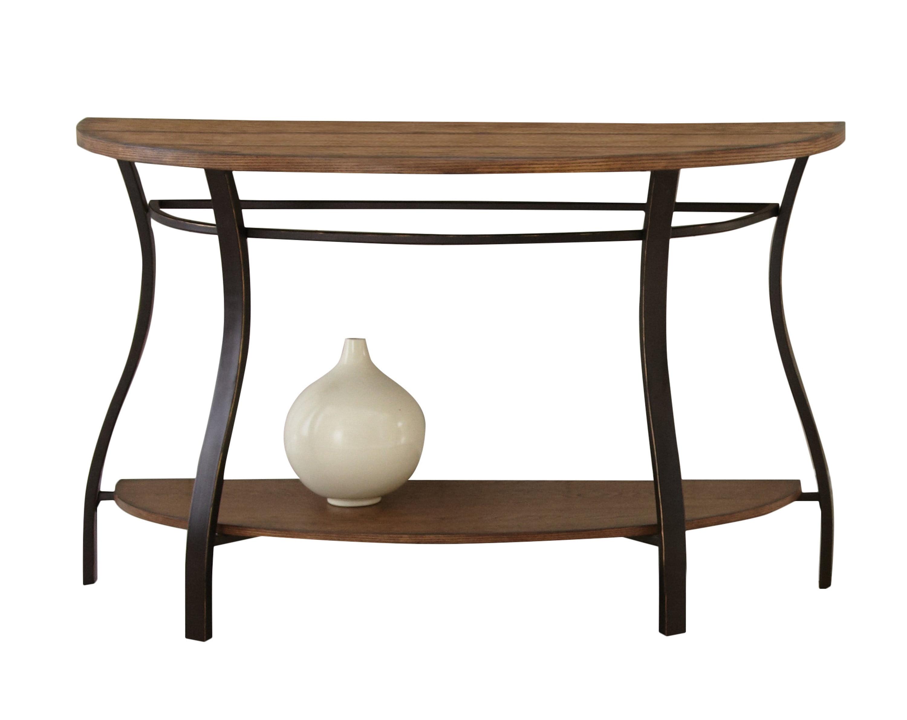 Industrial Brown Wood and Metal Demilune Sofa Table with Storage