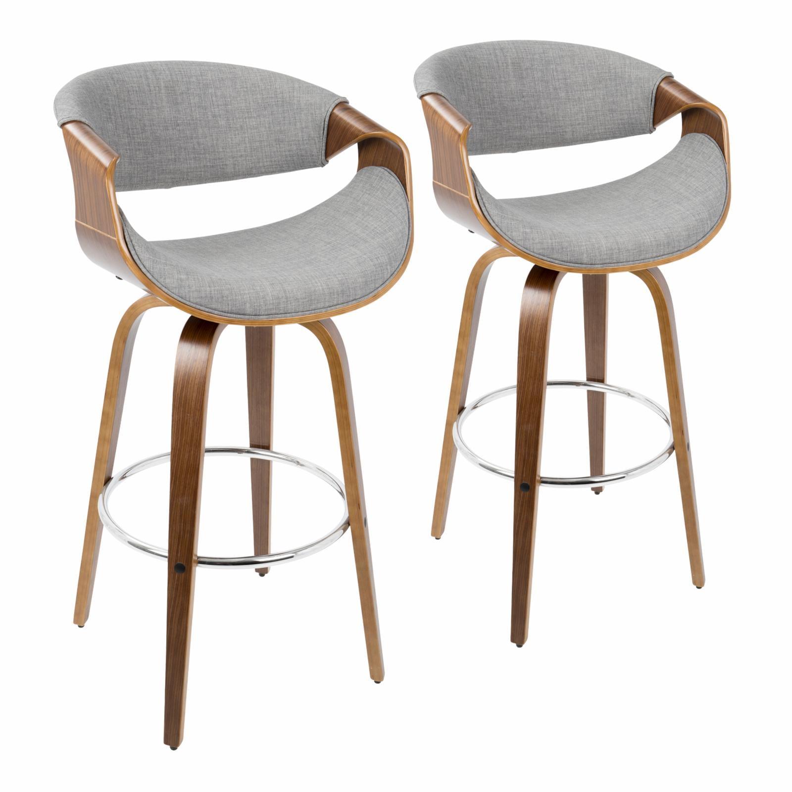 Walnut Wood & Grey Fabric Swivel Barstool with Mid-Century Charm