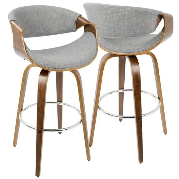 Curvini Mid-Century Modern Barstool in Walnut Wood and Grey Fabric by LumiSource - Set of 2