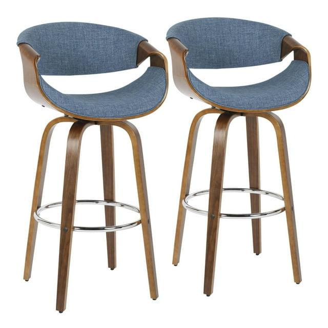 LumiSource Set of 2 Curvini Upholstered Counter Height Barstools Blue/Walnut: Swivel, Chrome-Plated, Wood Legs
