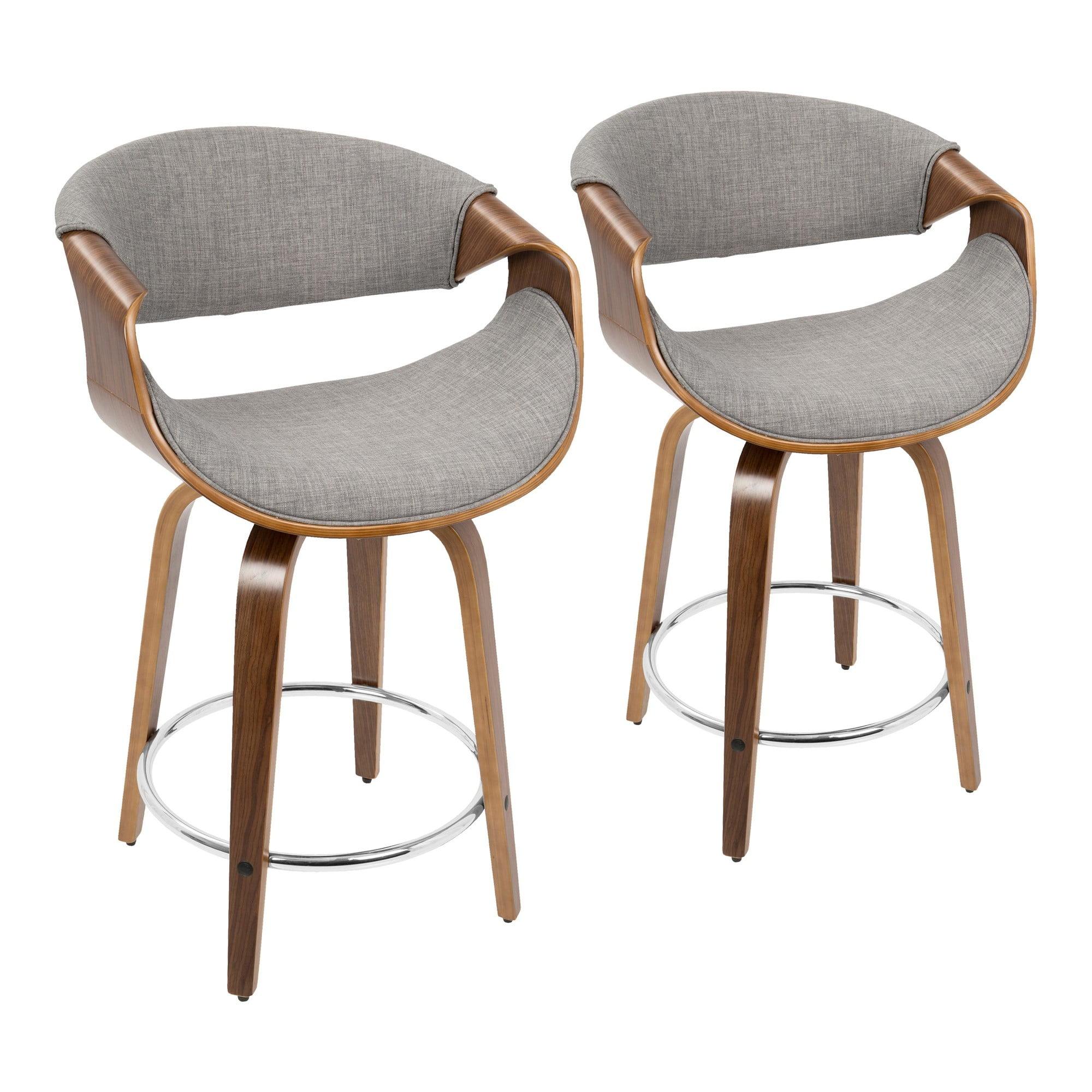 Walnut Wood and Gray Fabric Mid-Century Modern Swivel Counter Stools, Set of 2