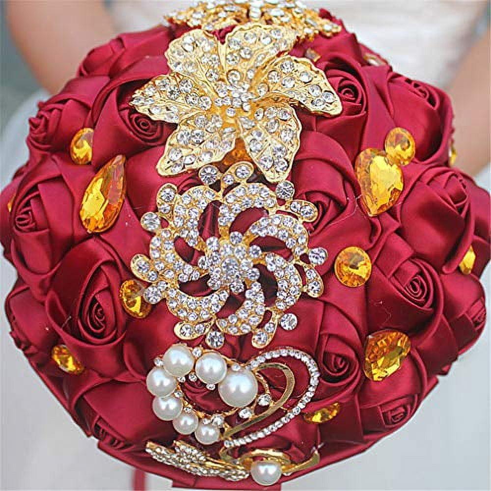 Customization Satin Rose Wedding Bouquet Gold Brooch Crystal Rhinestone Bride Bouquet Wedding Flowers, Burgundy
