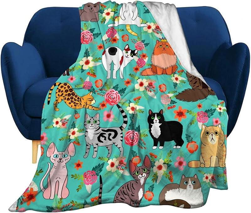 Cute Cat Patterned Microfiber Throw Blanket for Pets and Kids