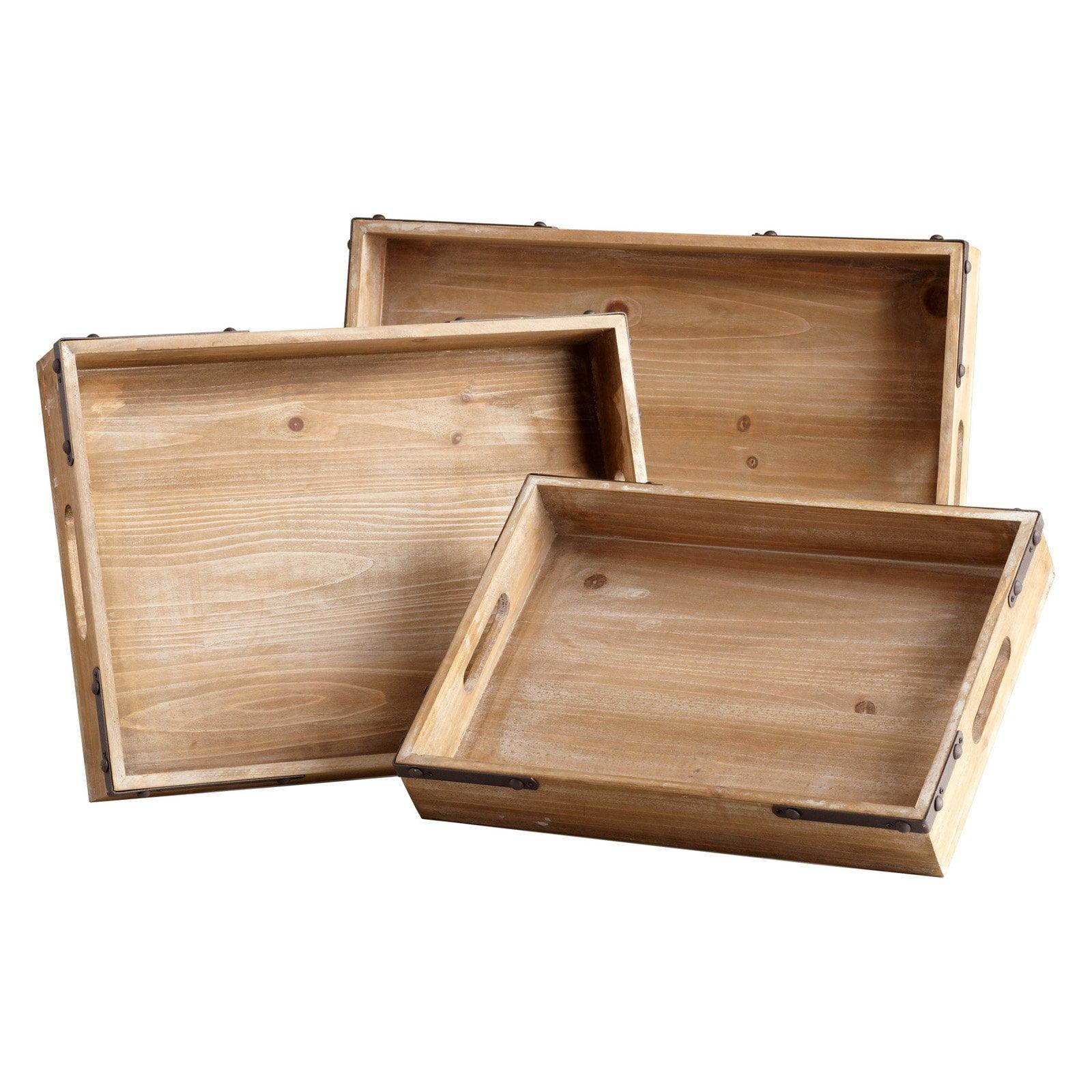 Washed Oak and Iron Rectangular Serving Trays Set