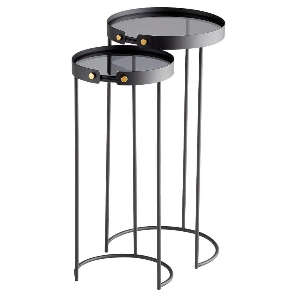 Graphite Round Metal and Glass Tall Nesting Table Set