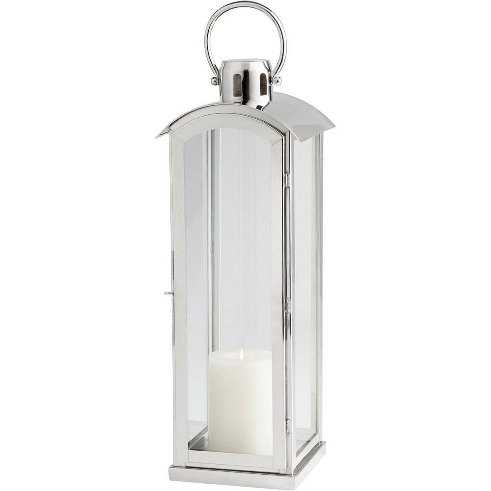 Modern Nickel and Glass Tall Tabletop Candle Lantern, 24"