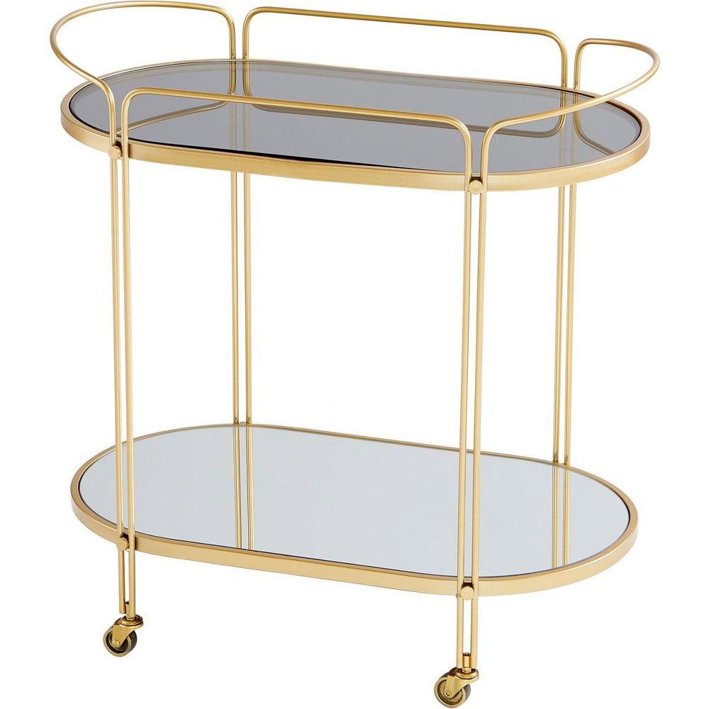 Contemporary Motif Gold Oval Bar Cart with Glass Shelves