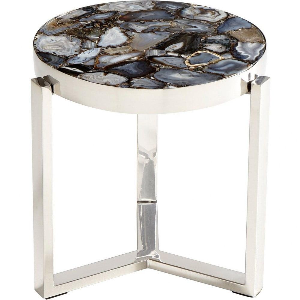 Contemporary Geodance Round Stone and Metal Side Table in Silver