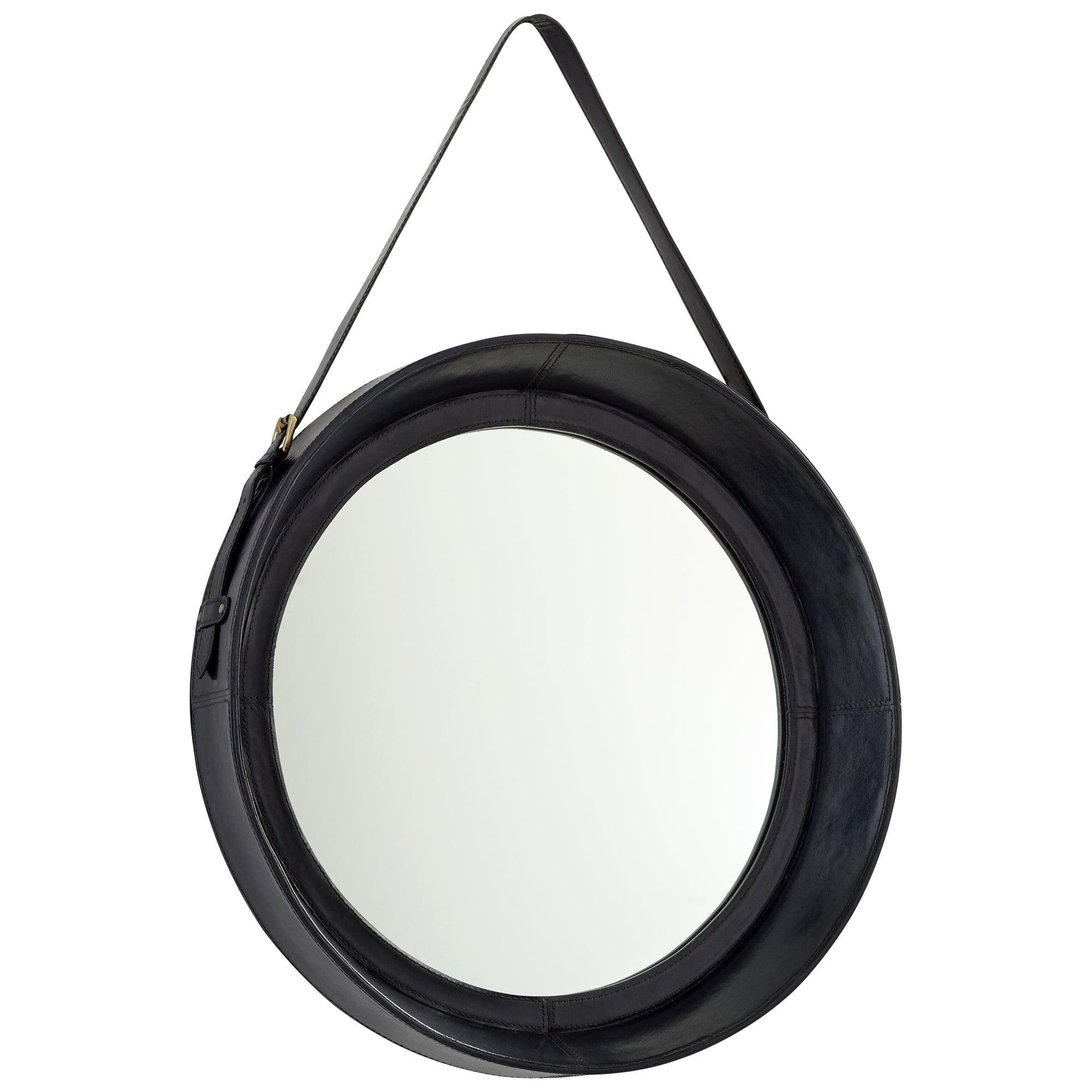 Contemporary Navy Blue Round Wooden Mirror with Blue Leather Strap