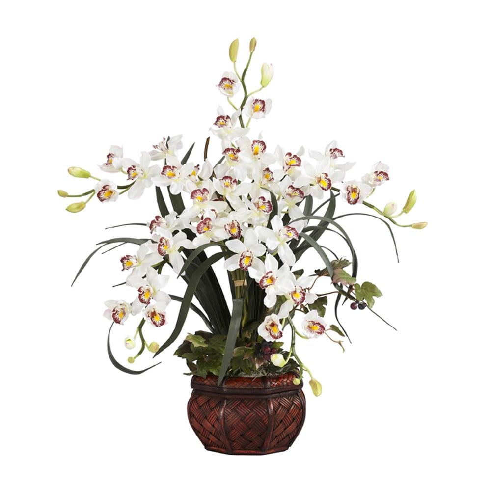 Nearly Natural Cymbidium with Decorative Vase Silk Arrangement, White