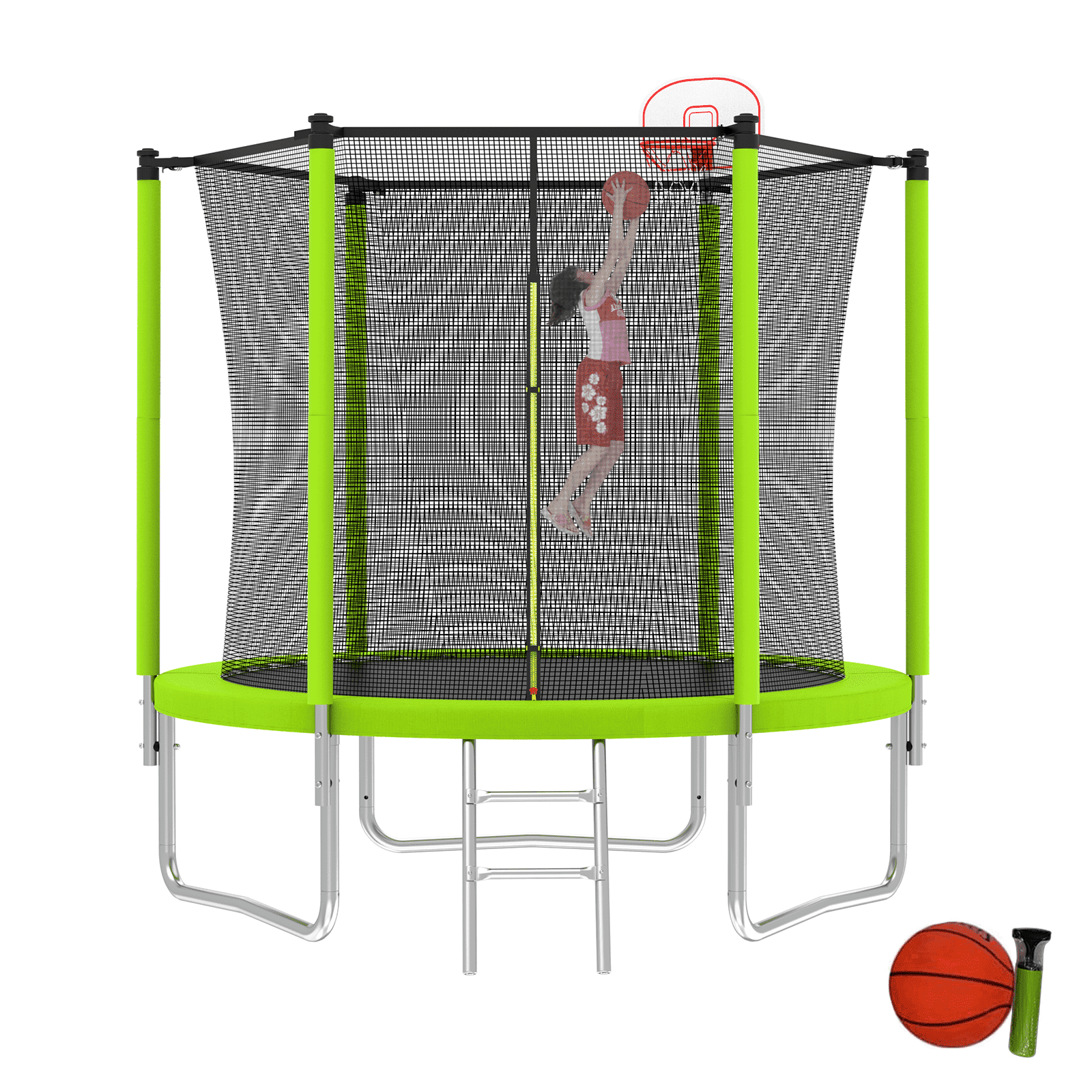 Green 8-Foot Trampoline with Safety Enclosure and Basketball Hoop