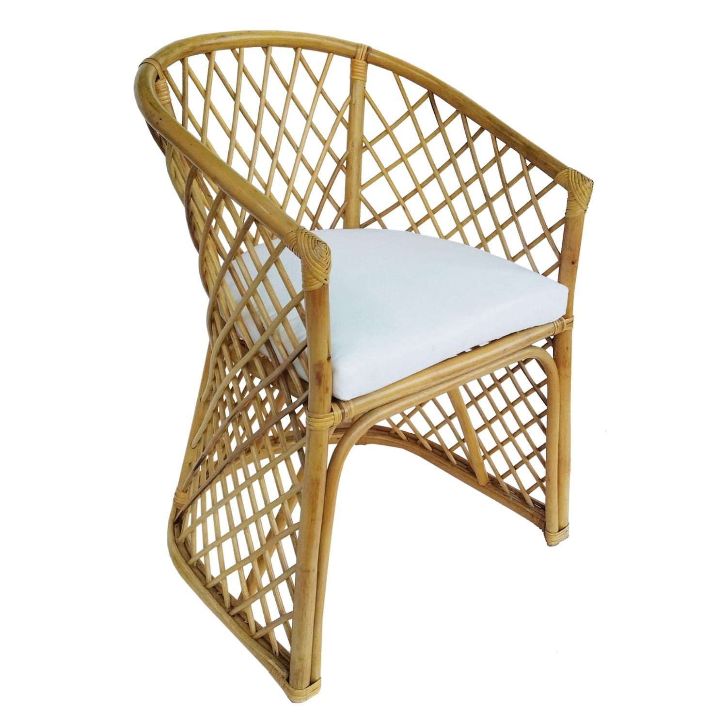 Handcrafted White Cotton Rattan Barrel Accent Chair