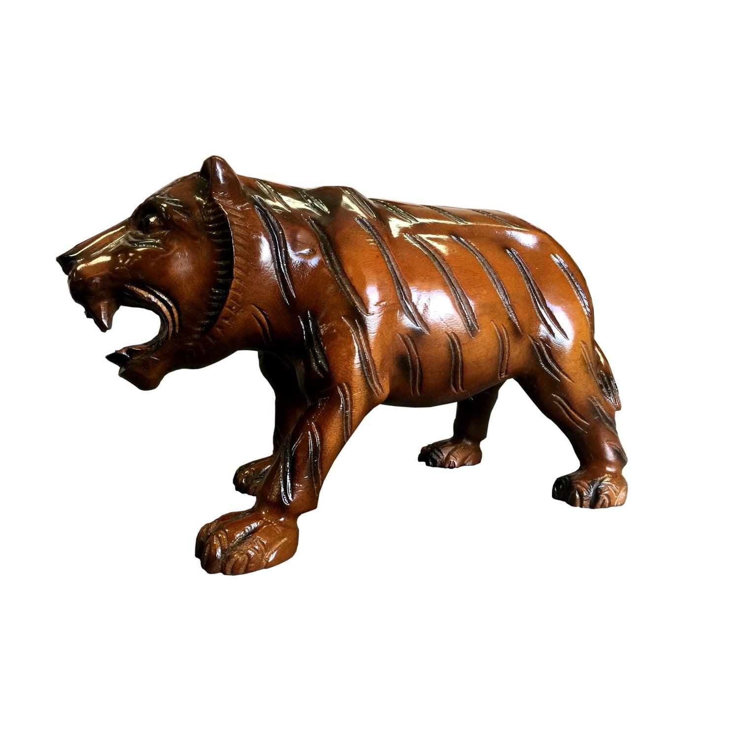 Handcrafted Dark Brown Teak and Mahogany Tiger Statue