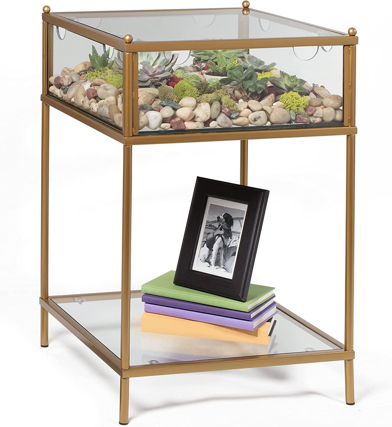 Gold Iron Square Terrarium End Table with Reinforced Glass, 18x18x27