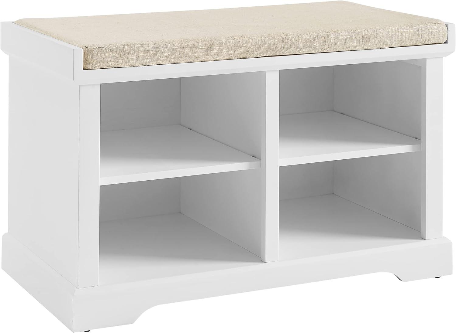 Beige Linen Coastal Storage Bench with Adjustable Shelves