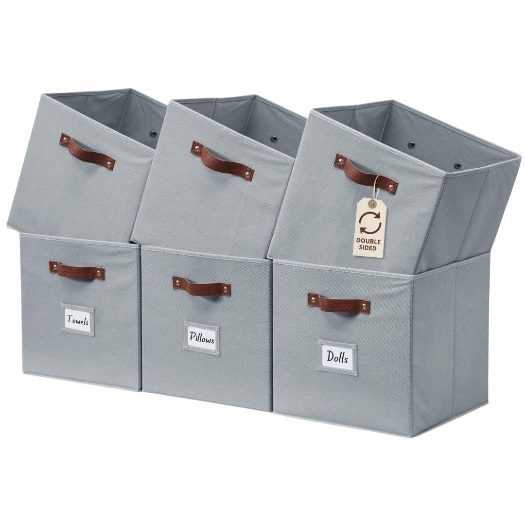 Gray Fabric Storage Bins with Handles and Labels, Set of 6