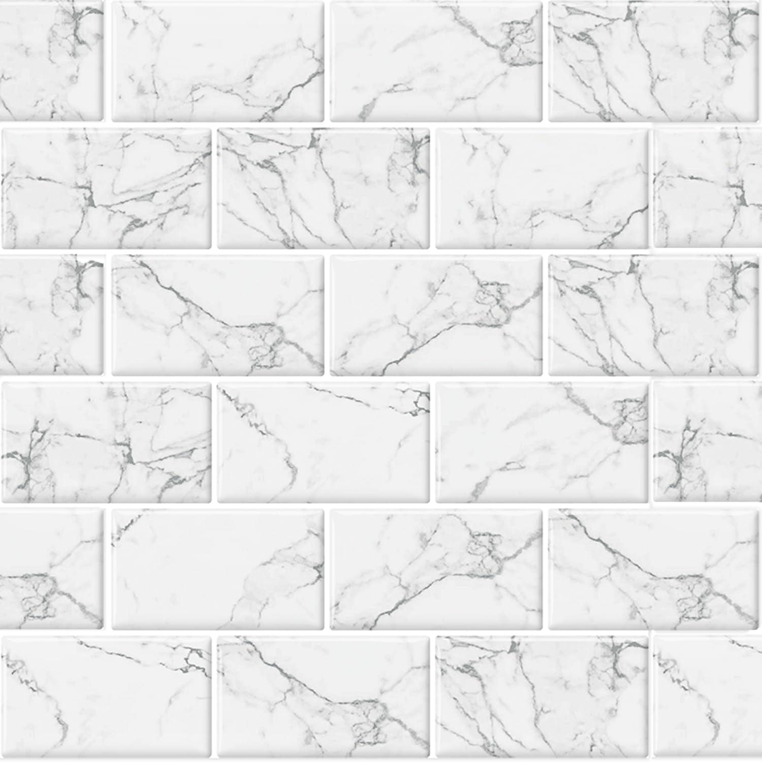 Peel & Stick Backsplash, (8) 12x12-inch Sheet Covers 8 Sq Ft, Marble Subway Tile