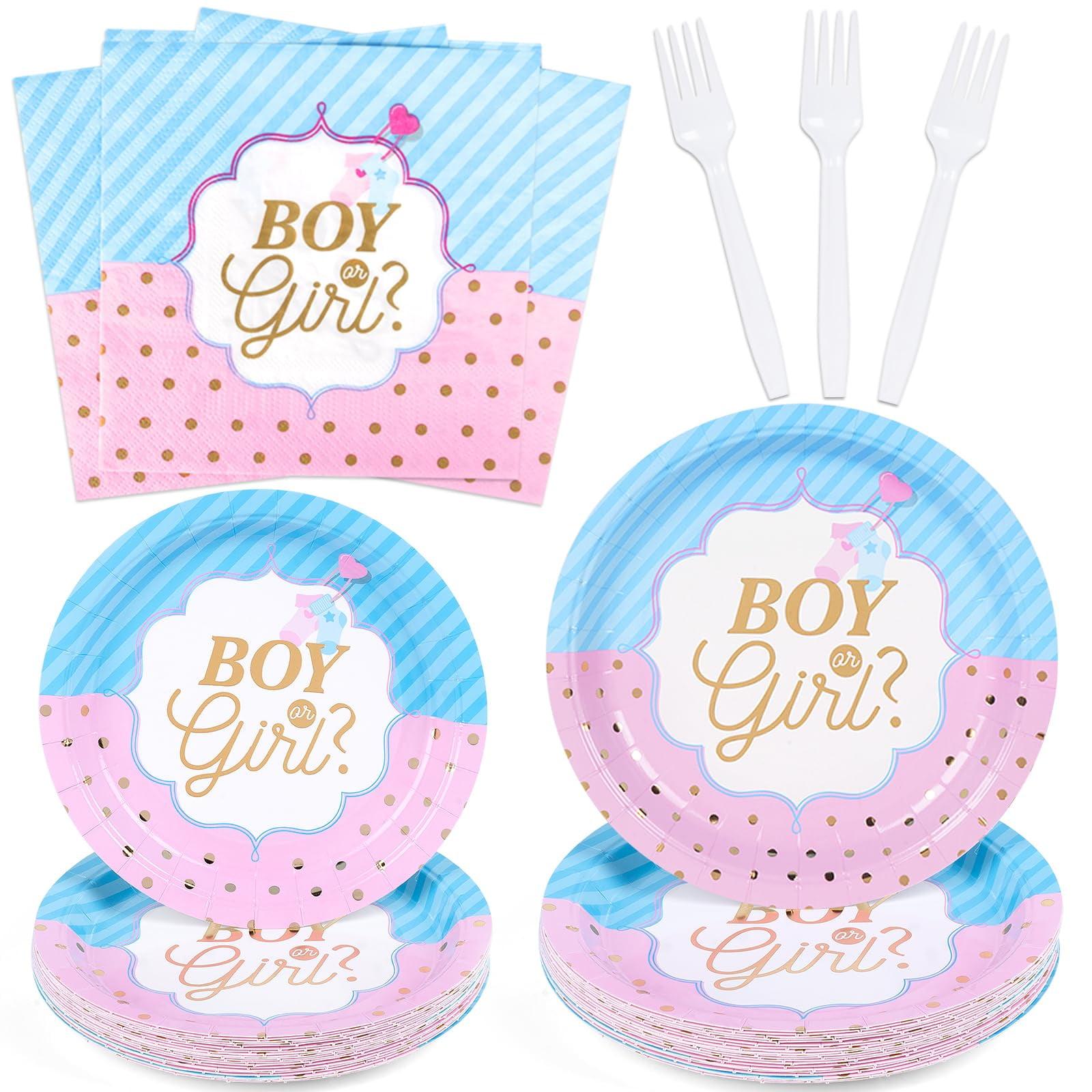 DECORLIFE Gender Reveal AJH3 Plates Serves 24, Boy or Girl Gender Reveal Party Supplies Includes Napkins and Forks for Baby Shower Reveal Party Decorations, Total 96PCS