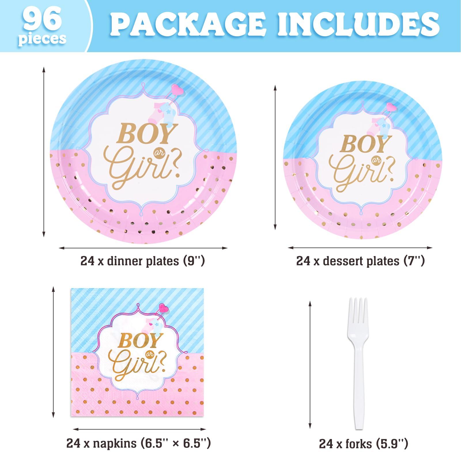 DECORLIFE Gender Reveal AJH3 Plates Serves 24, Boy or Girl Gender Reveal Party Supplies Includes Napkins and Forks for Baby Shower Reveal Party Decorations, Total 96PCS