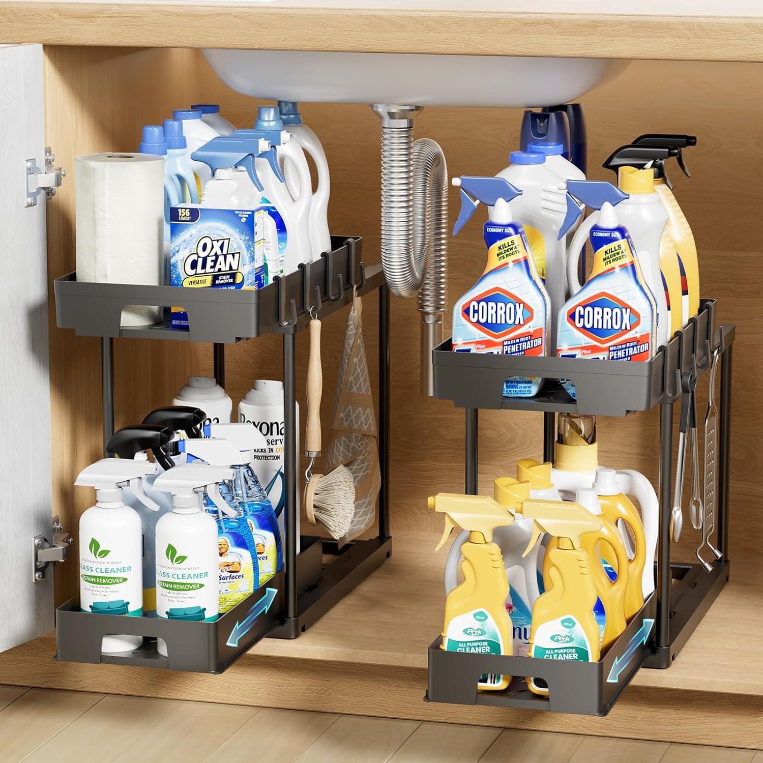 Rebrilliant Under Sink Organizer, 2 Tier Under Sink Organizers And Storage, Metal Slide Out Pull Out Cabinet Organizer ,2 Pack Sliding Drawer Organizer For Kitchen Bathroom Pantry