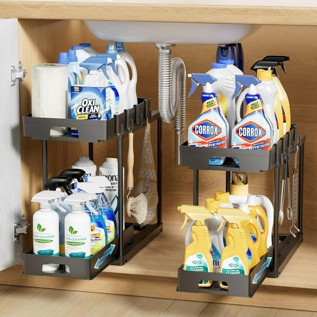 Rebrilliant Under Sink Organizer, 2 Tier Under Sink Organizers And Storage, Metal Slide Out Pull Out Cabinet Organizer ,2 Pack Sliding Drawer Organizer For Kitchen Bathroom Pantry
