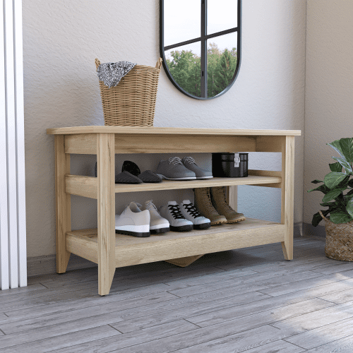 Mason Light Oak Storage Bench with Mirror and Open Shelves