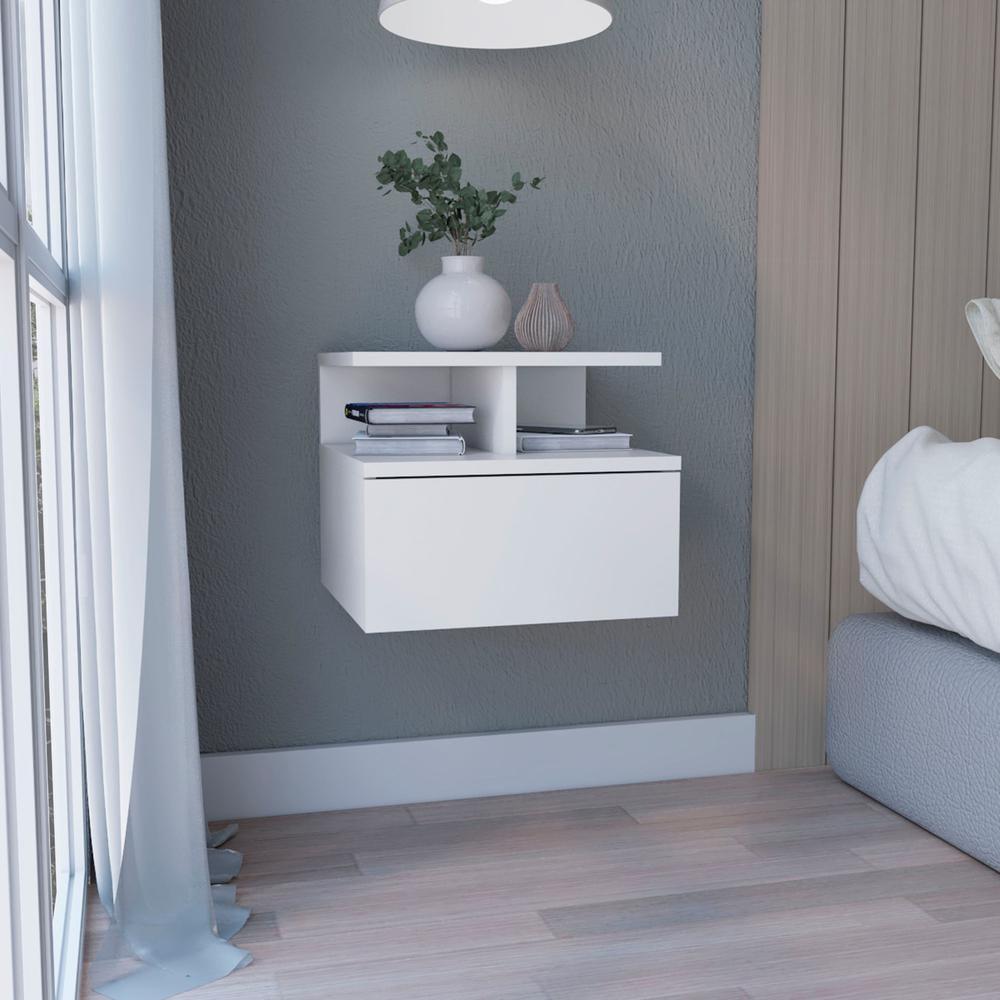 Depot E-Shop Floating Nightstand 12"H, Wall Mounted with Single Drawer and 2-Tier Shelf