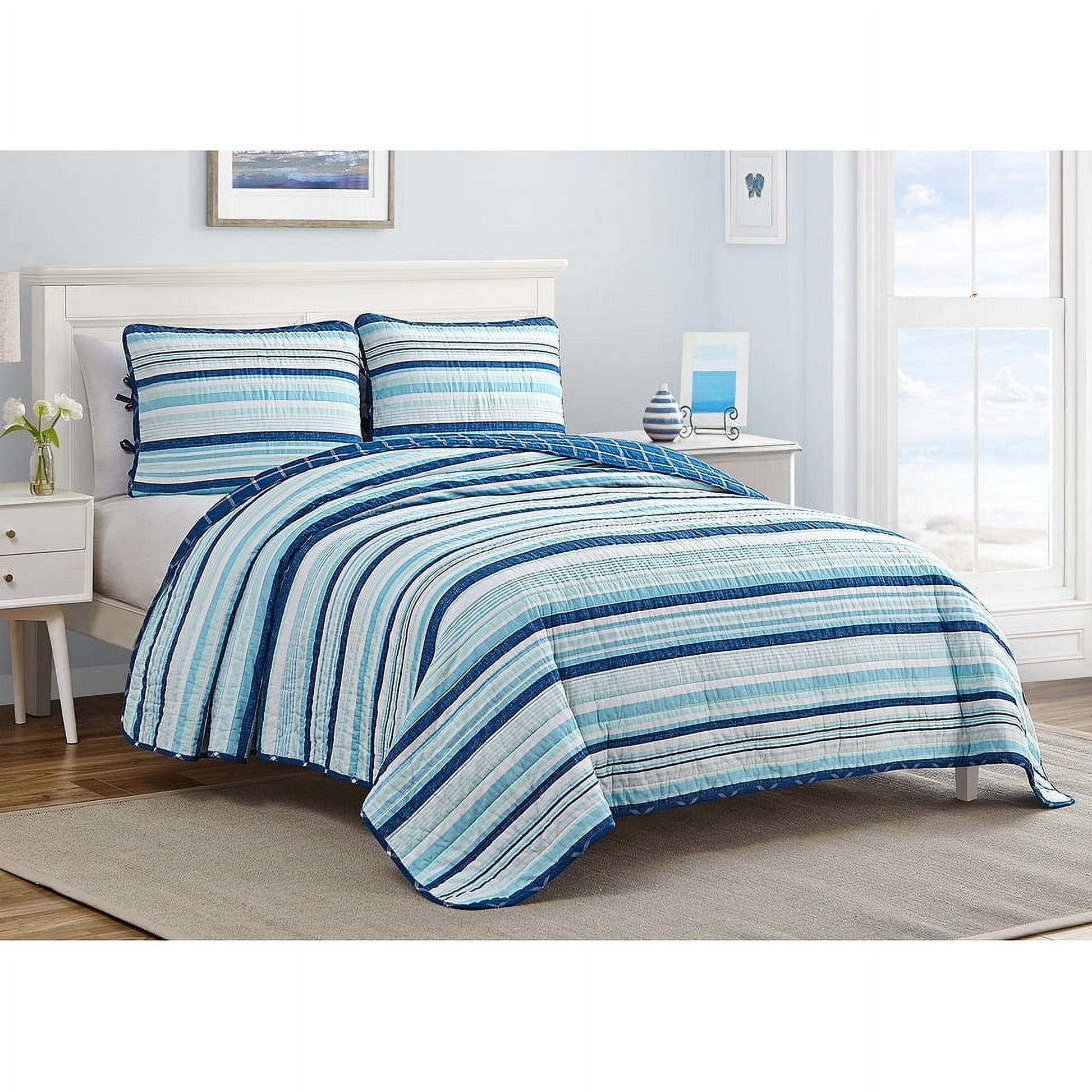 Newport Stripe King Cotton Reversible Quilt Set in Blue
