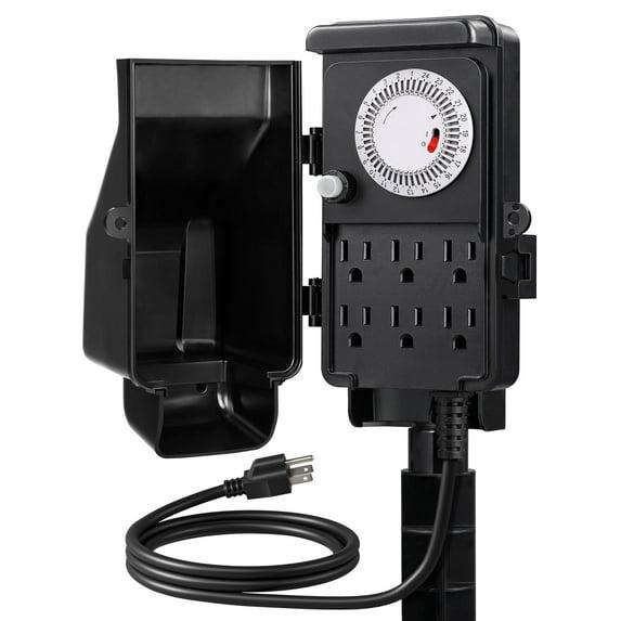 DEWENWILS Mechanical Outdoor Power Stake Timers for 6 Outlets, 6FT Extension Cords, Garden Power Strip Stake Timers for for Holiday/Christmas Decor, Lights, 24 Hour Multi Socket Timer,1800W/15A