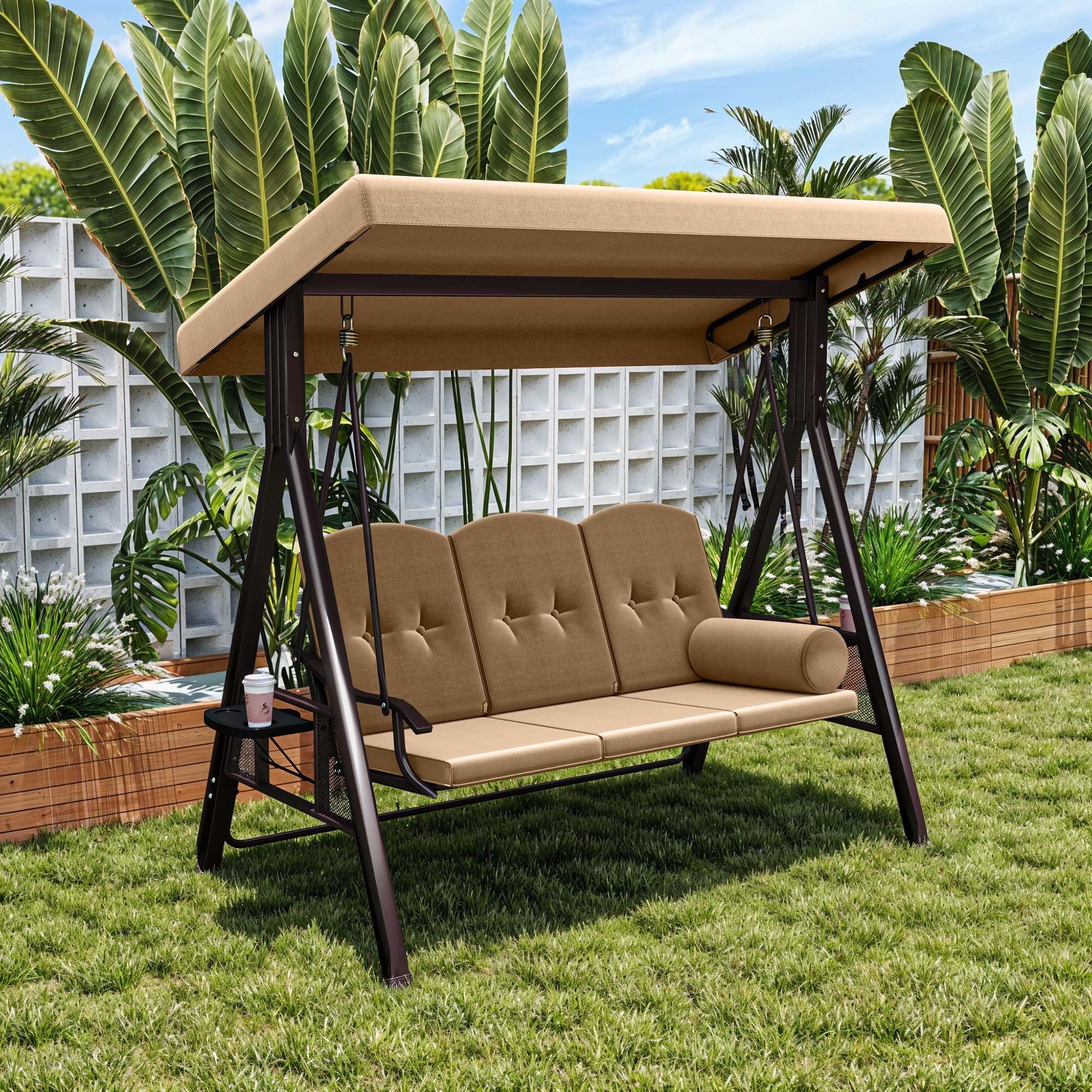 Arlmont & Co. 3-Person Porch Swing with Cup Holders with Removable Cushions and Convertible Canopy
