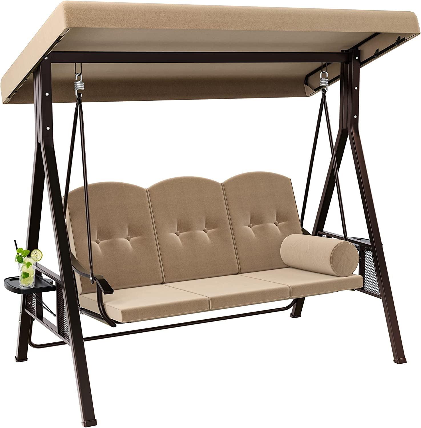 Arlmont & Co. 3-Person Porch Swing with Cup Holders with Removable Cushions and Convertible Canopy