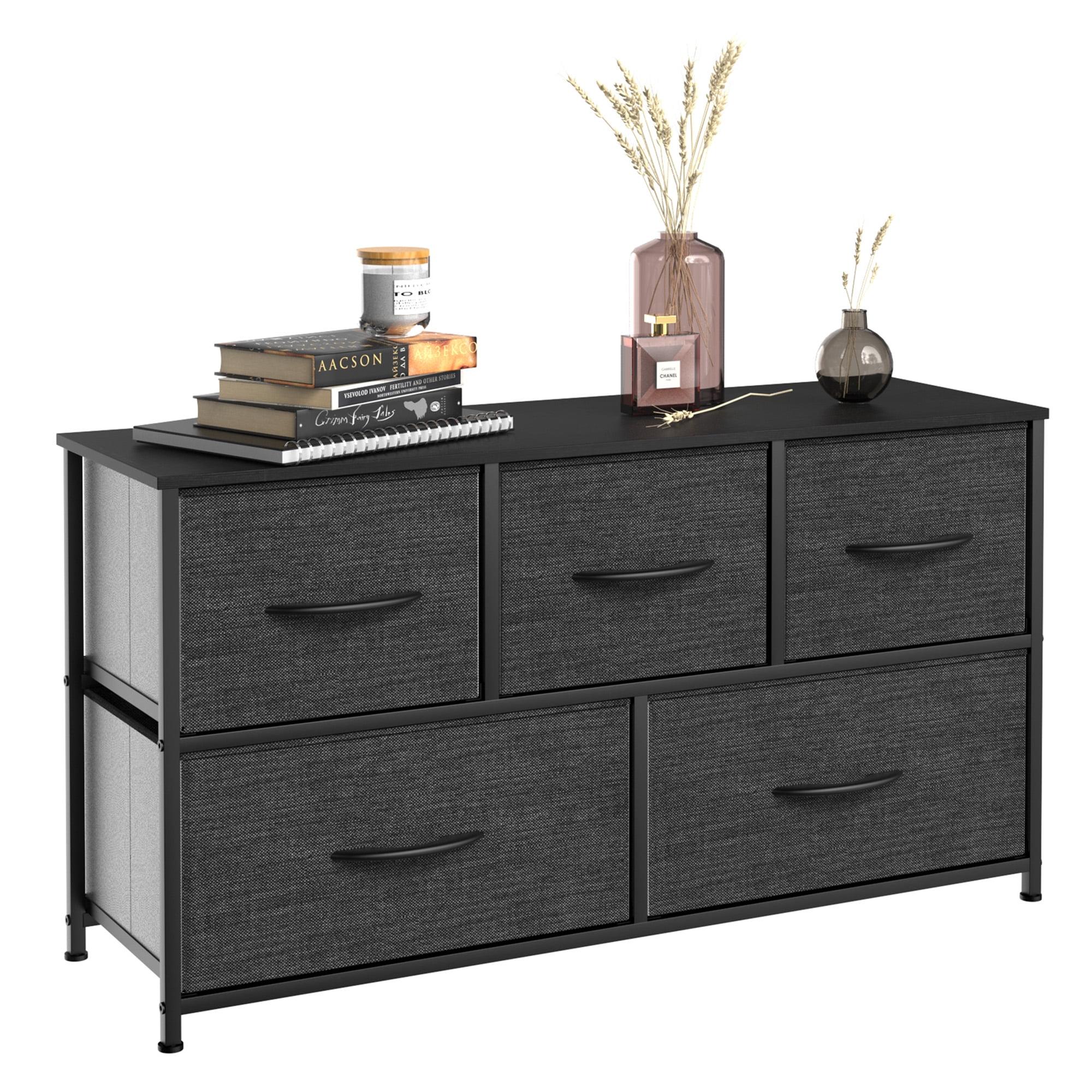 DEXTRUS Black Grey 5-Drawer Wide Storage Dresser with Wooden Top for Closets, for Adults & Teens