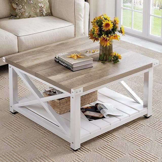 DEXTRUS Farmhouse Square Wood Coffee Table with Open Storage Shelf