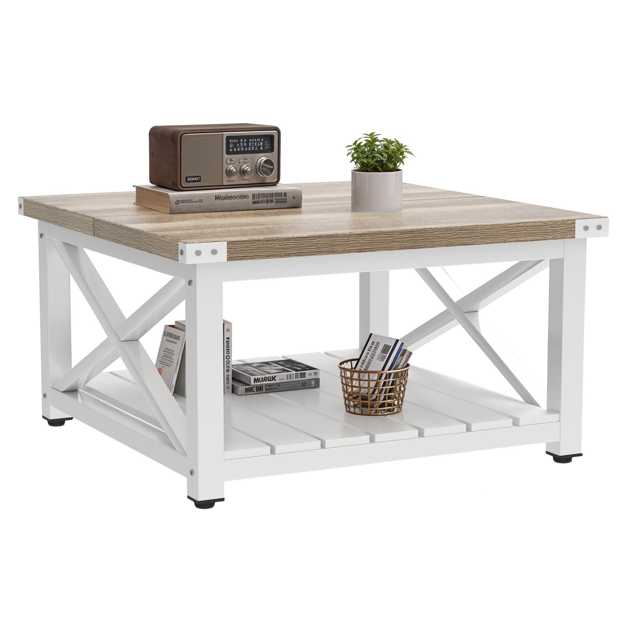 DEXTRUS Farmhouse Square Wood Coffee Table with Open Storage Shelf