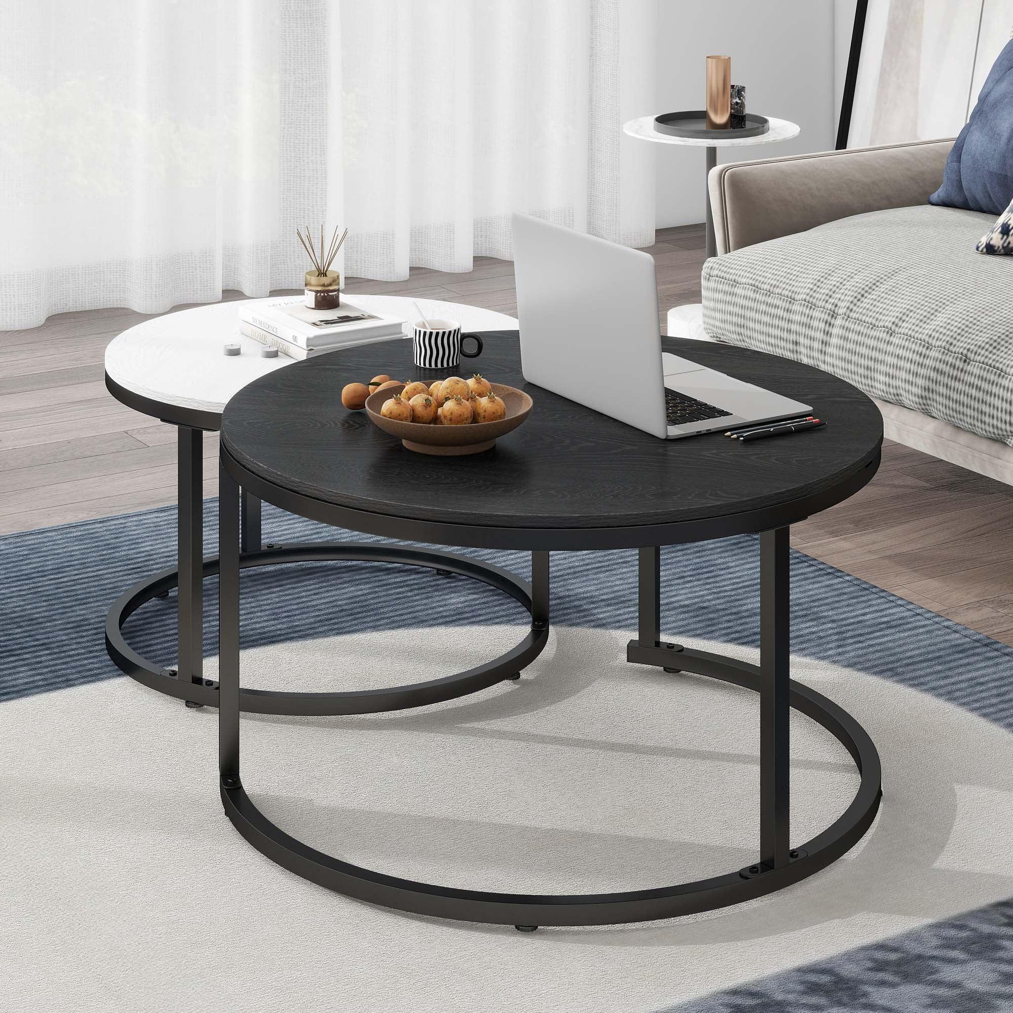 DEXTRUS Round Nesting Coffee Table Set of 2, Snack End Table with Metal Frame for Living Room, White & Black