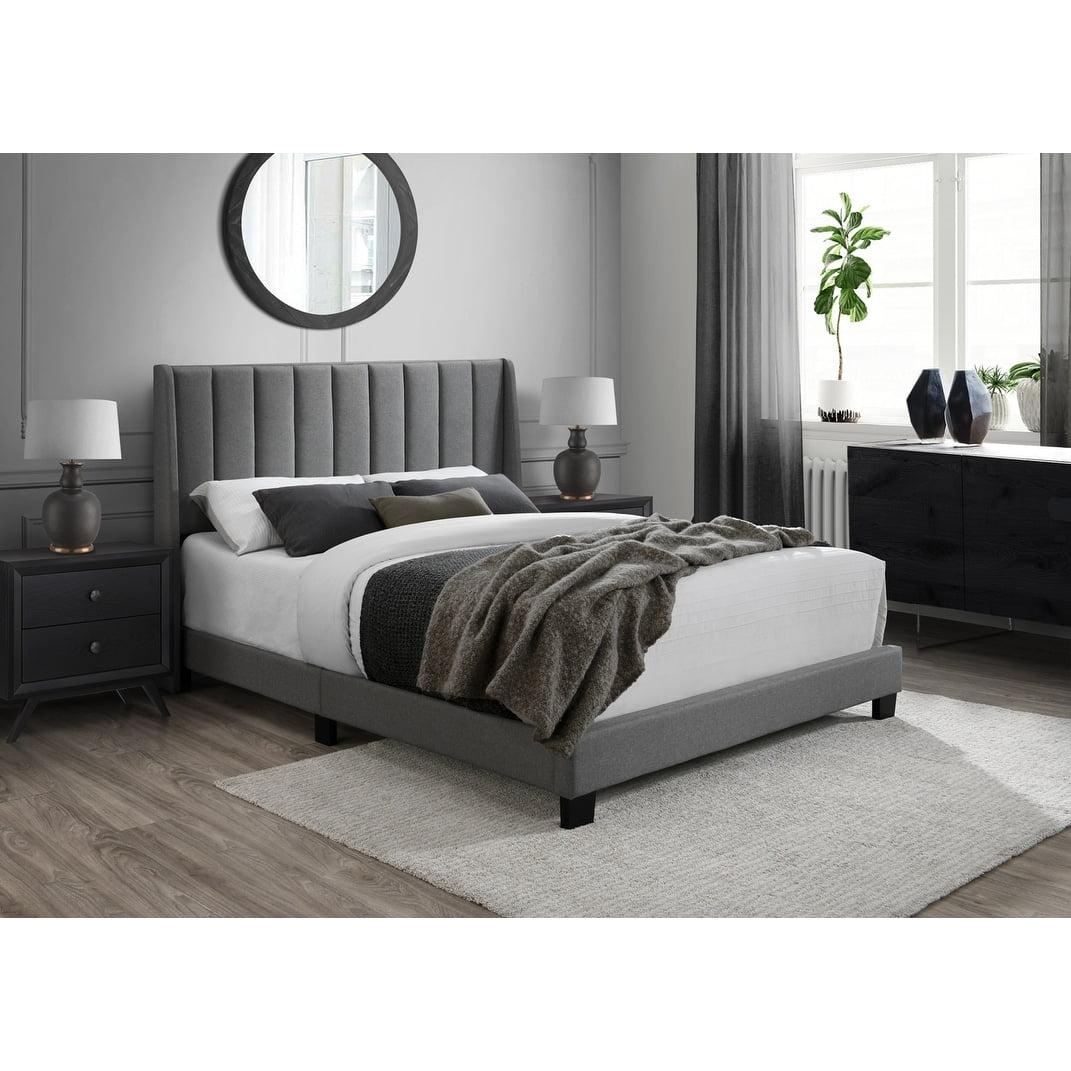 Gray Upholstered Queen Bed with Wood Frame and Slats