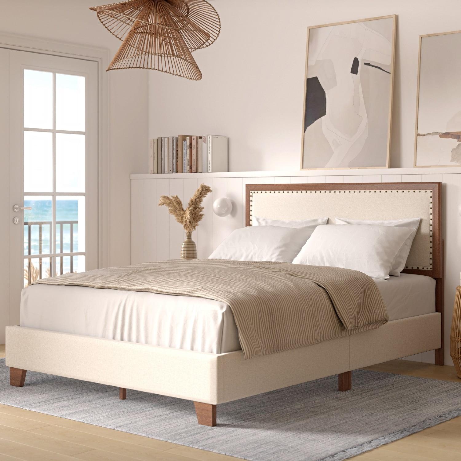 DG Casa Toni Queen Fabric Upholstered Platform Bed Frame, Nail Head Boarder, Walnut Finish Cream - Queen