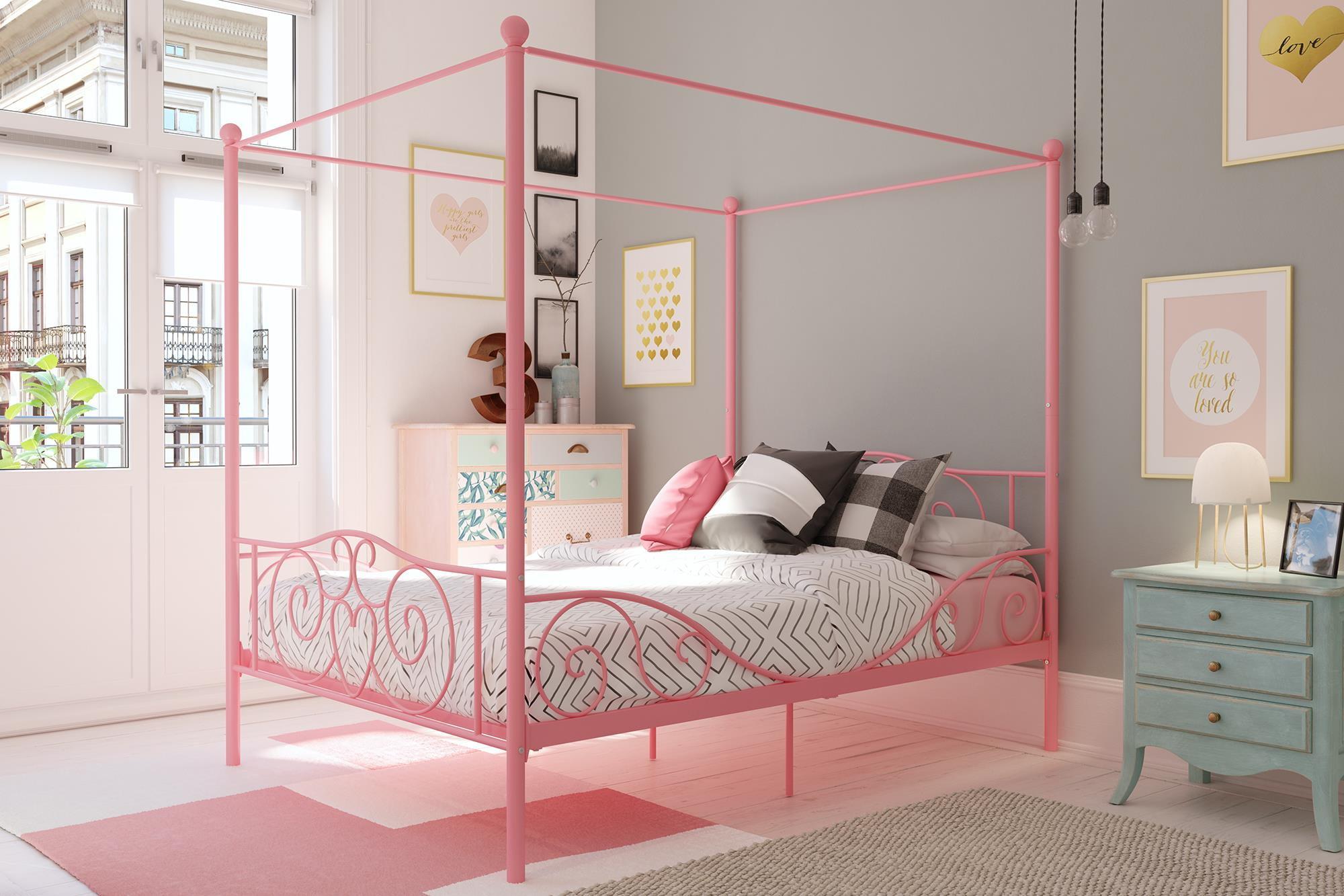 Full Pink Metal Canopy Princess Bed with Drawer