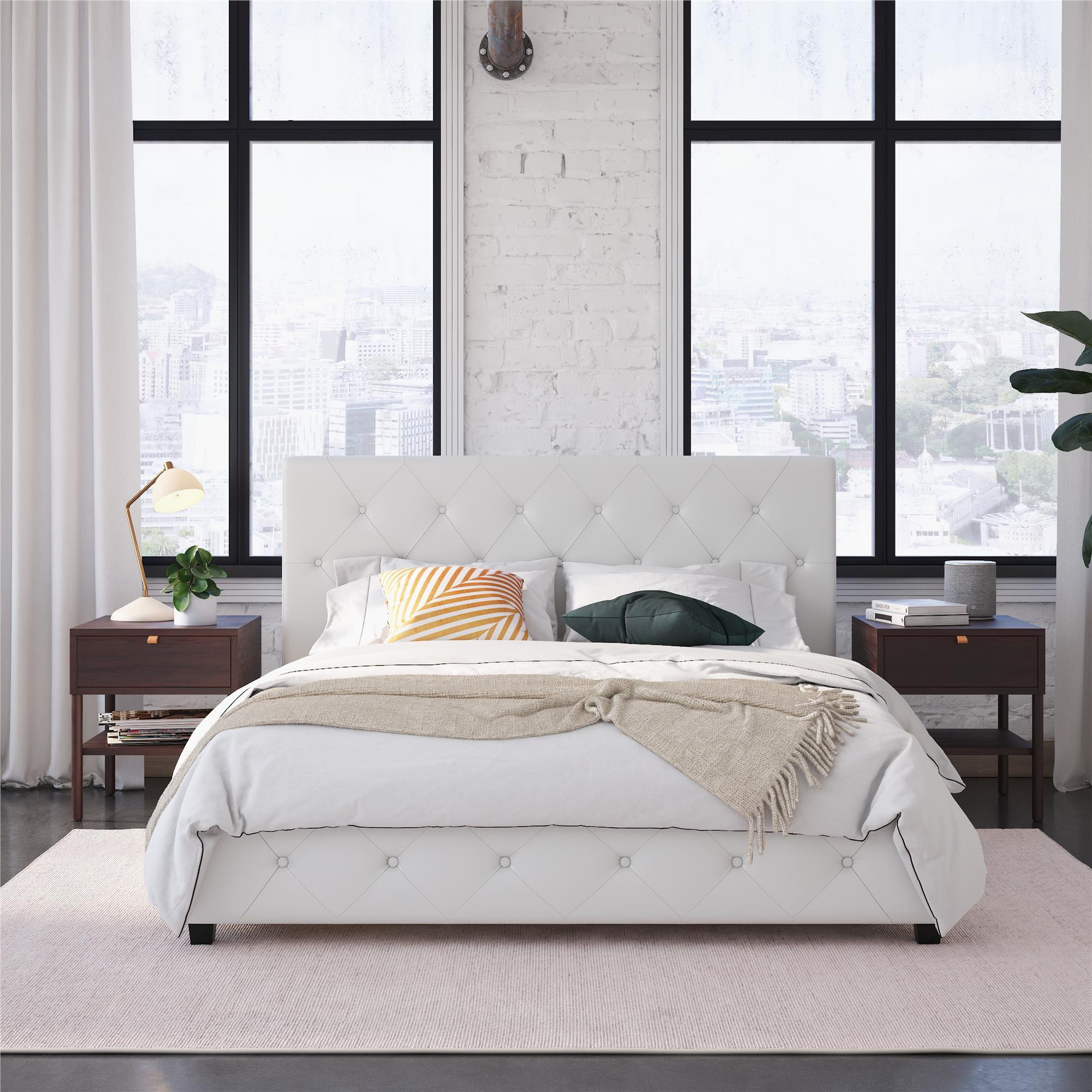 Full White Faux Leather Tufted Upholstered Bed with Headboard