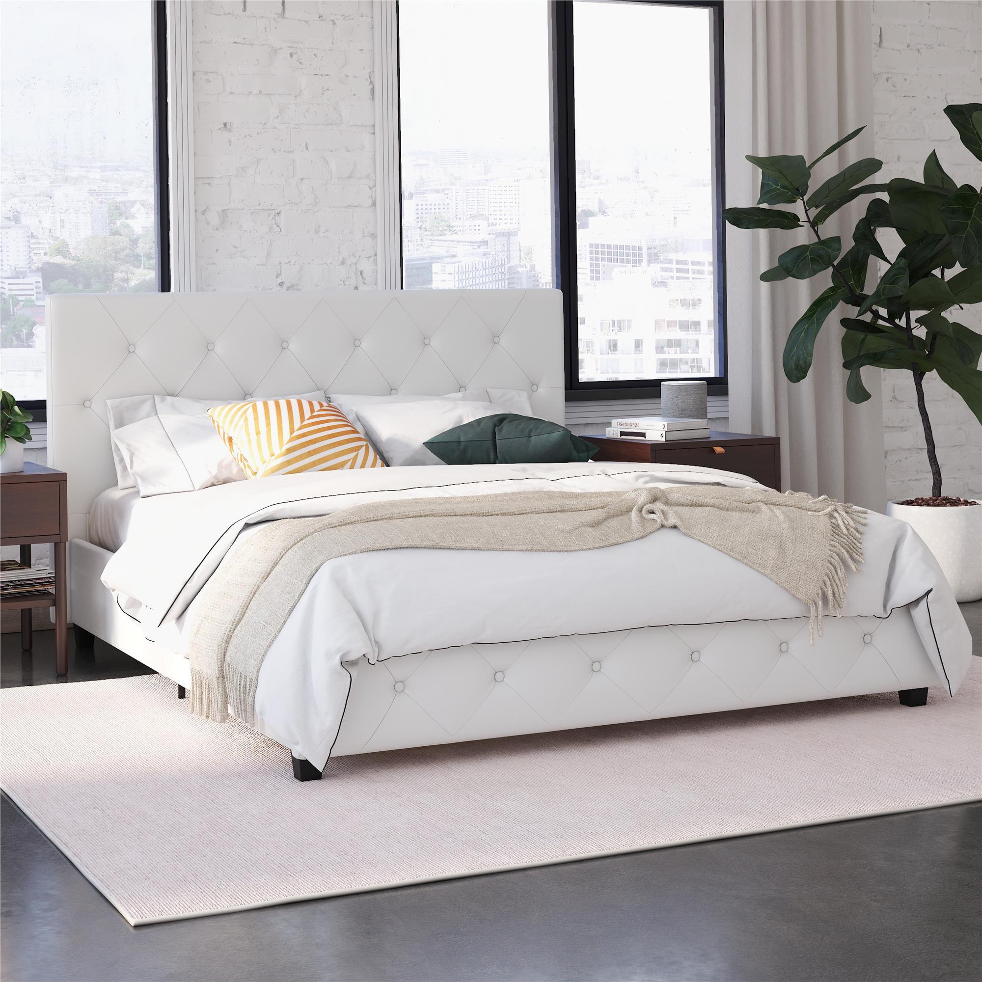 Queen White Faux Leather Tufted Upholstered Bed with Slats