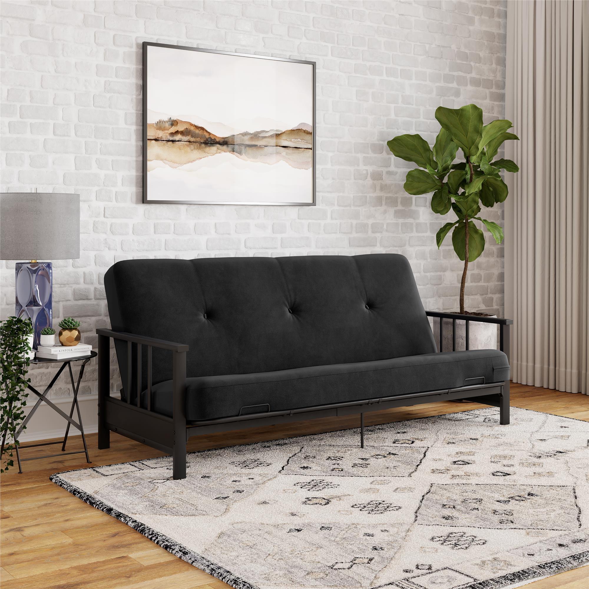 Full Black Microfiber Tufted Sleeper Futon with Metal Frame