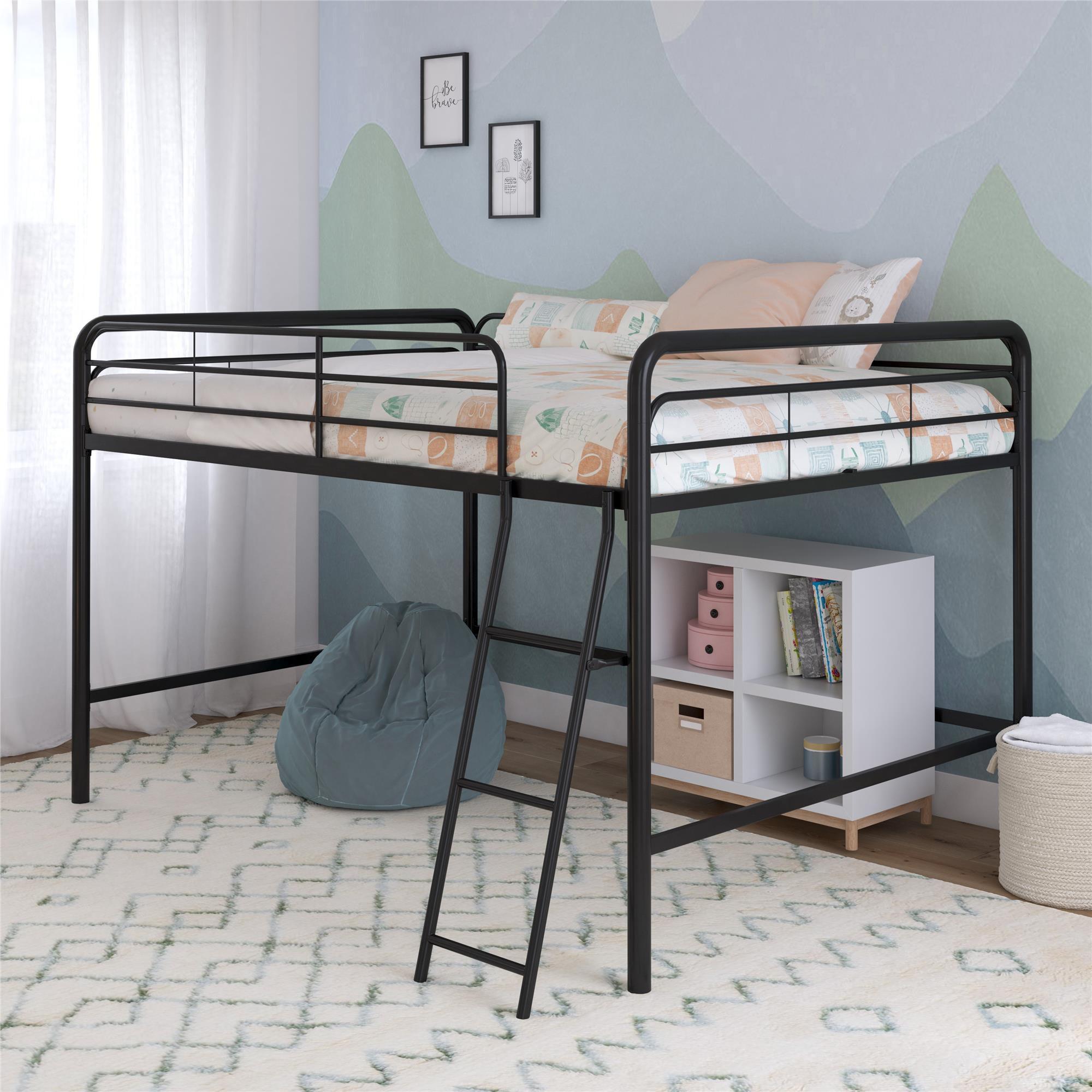 Black Full Metal Loft Bed with Headboard and Slats