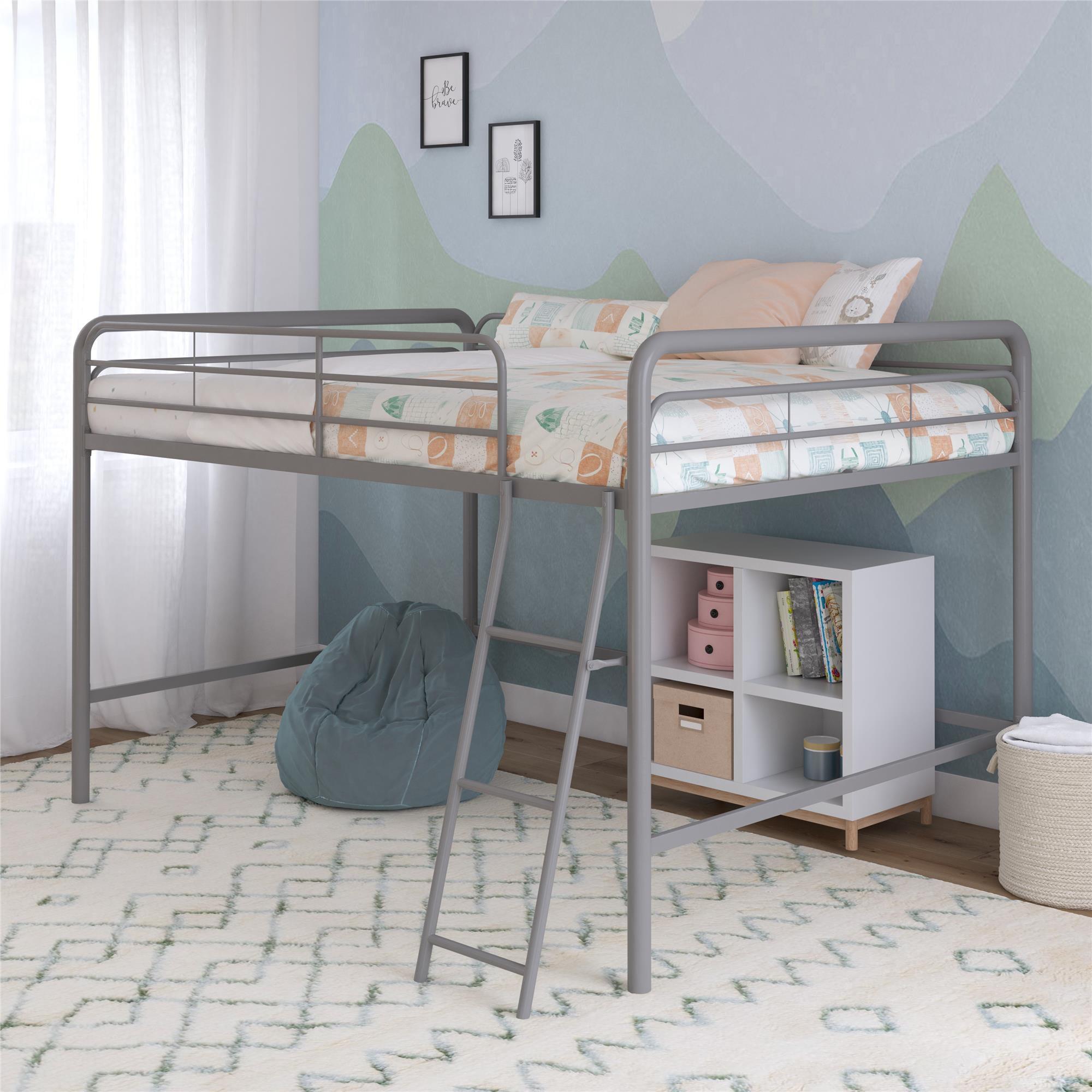 Silver Full Metal Loft Bed with Headboard and Slats